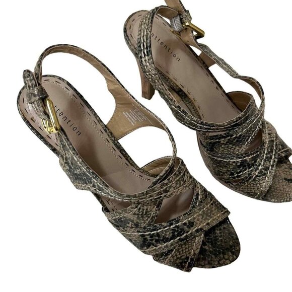 Attention Womens Snakeskin Print Slingback Peep Toe Sandals With Cork Heel Size - Picture 1 of 7